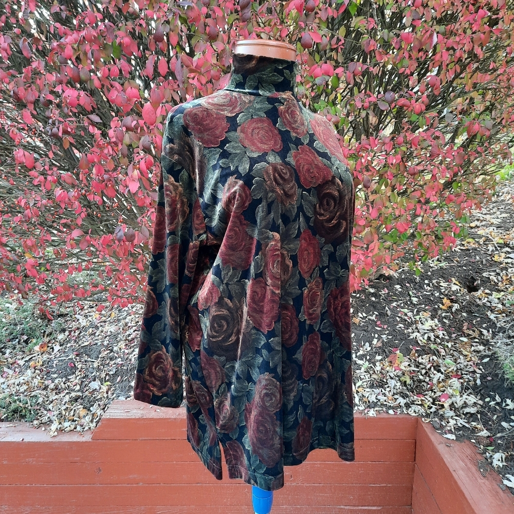 Vintage 90's Crushed Velvet Rose Print Mock Neck Tunic Top Large